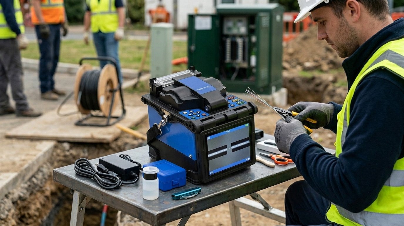 A technician works with a High Precision Fusion Splicer at an outdoor telecommunications construction site