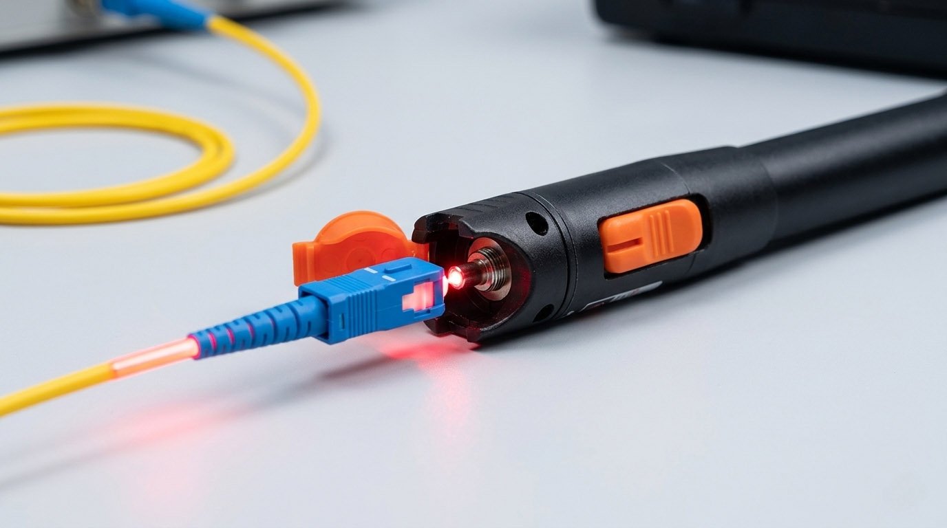 a black Visual Fault Locator tool with its orange dust cap open, connected to a blue SC fiber optic patch cord which is visibly glowing with red laser light