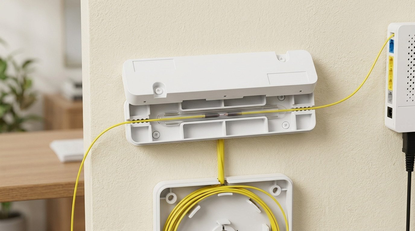 An ABS 1x1 Splice Box installed on an indoor wall, providing secure protection for a fiber optic cable splice connection.