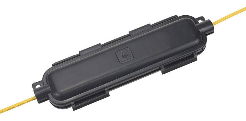 Black Fiber Optic Protective Box housing a yellow drop cable splice