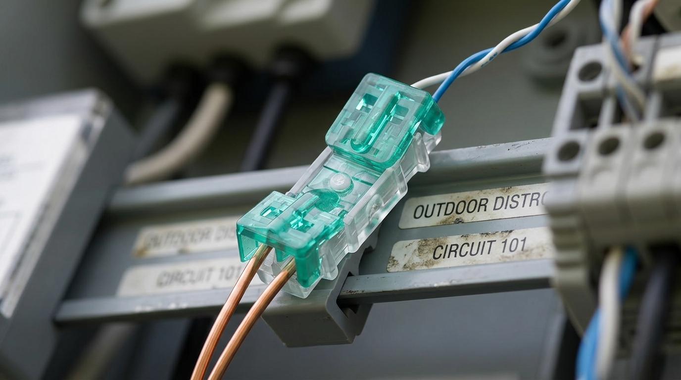 a 101SG Inline Connector is shown with green-tinted housing, installed on a rail labeled CIRCUIT 101 to join electrical wiring