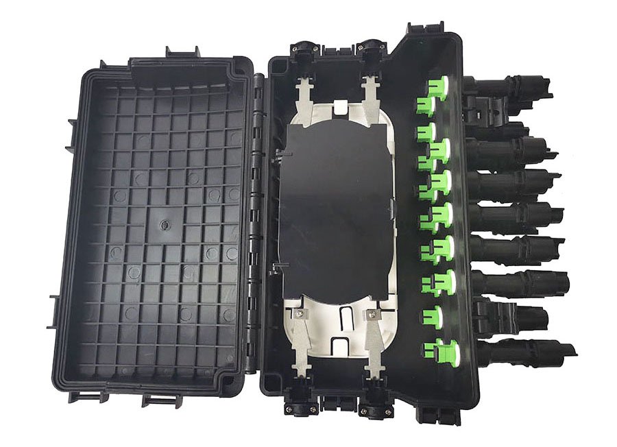 a black 48 Fibers Distribution Box, open to show the internal components
