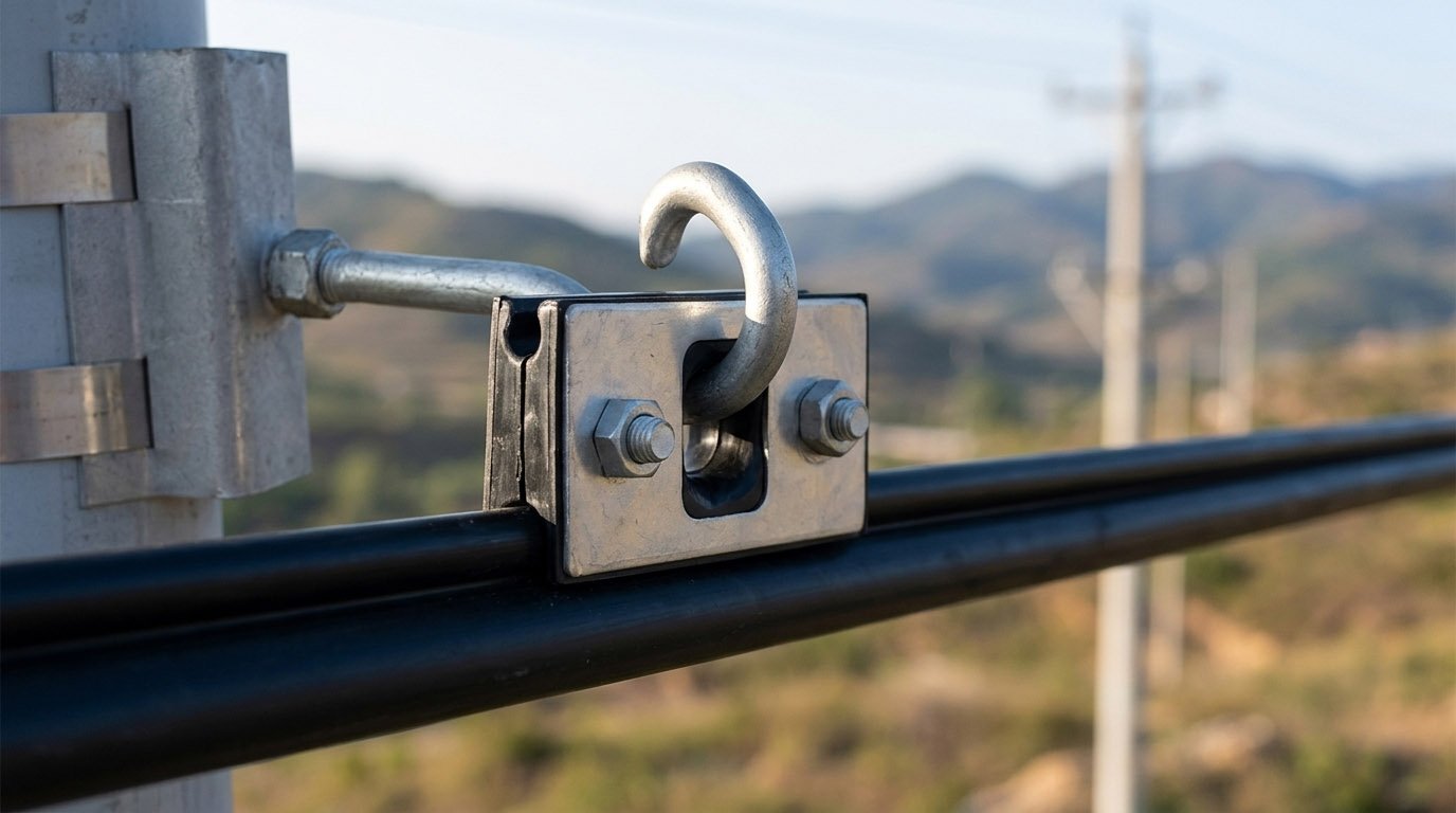 a metal Figure 8 Suspension Clamp securely attached to a utility pole, holding a fiber optic cable in a rural landscape