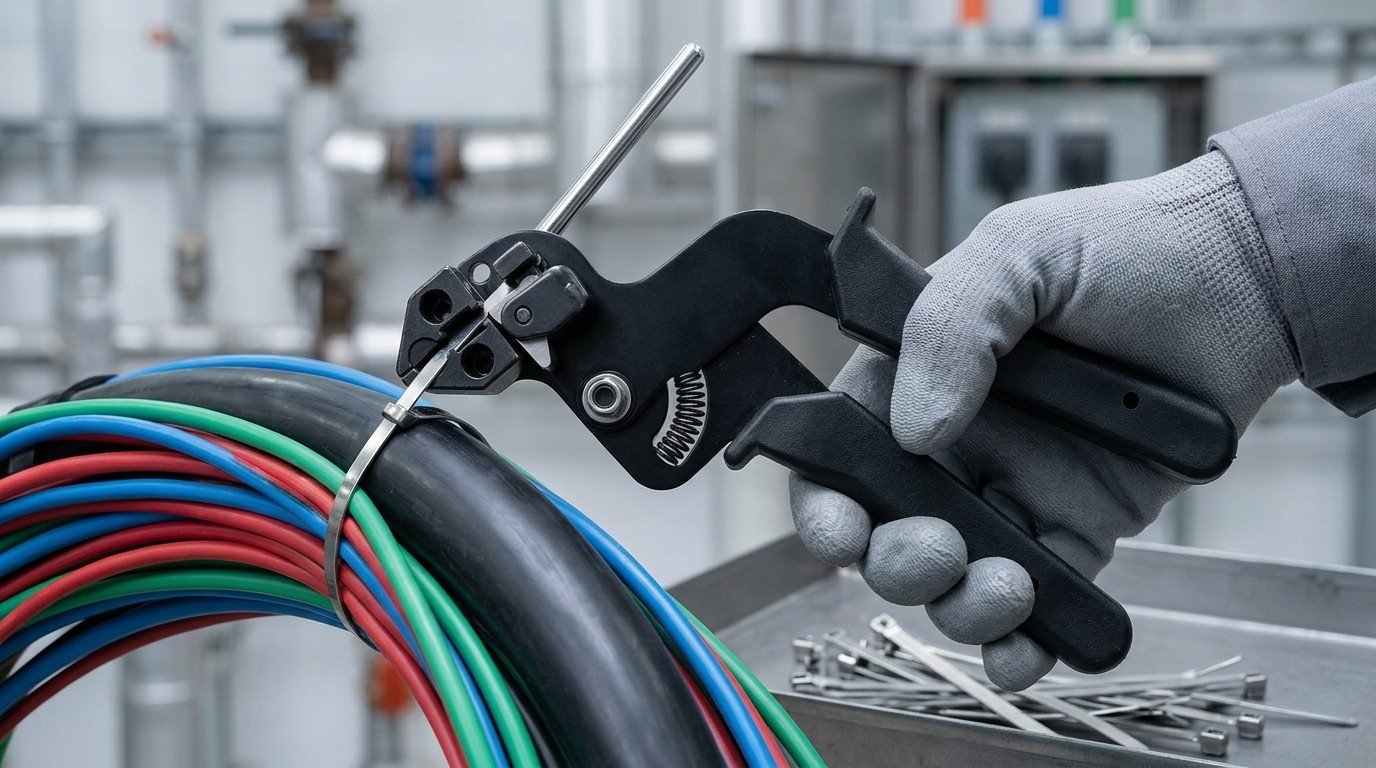 a person wearing gray gloves using an SS Cable Tie Tensioner on colorful cables in an industrial environment