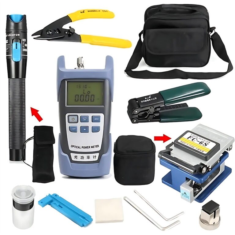 A fiber-optic telecom tools kit including an optical power meter, a visual fault locator, fiber cleaver, and various other tools and accessories, all contained within a black carrying case.