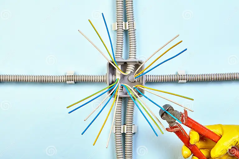 A gloved hand uses pliers to work on exposed wires within a surface-mounted junction box, a key component of power enclosures