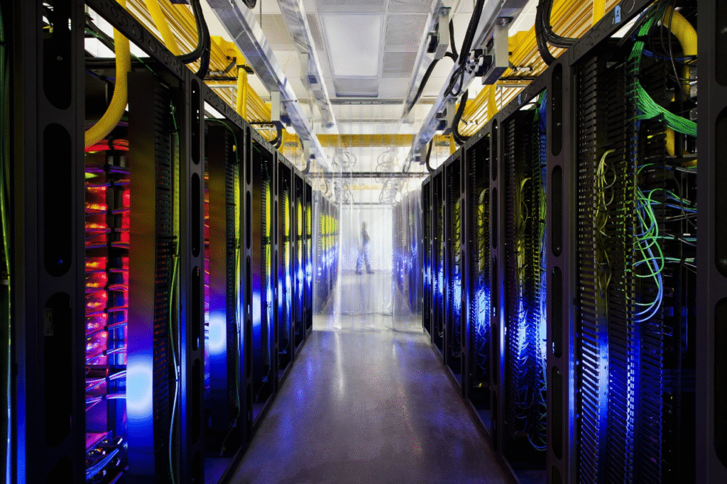 Aisle of servers with blue and red lights in a data center, highlighting data center solutions.