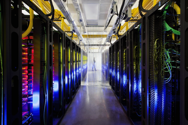 Aisle of servers with blue and red lights in a data center, highlighting data center solutions.