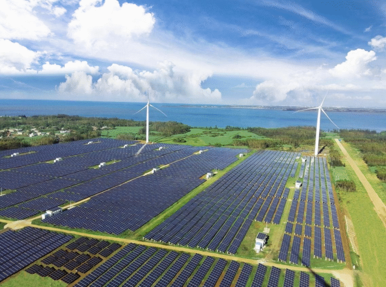 a large-scale wind-solar hybrid solution, featuring rows of solar panels and wind turbines in a rural landscape near a body of water