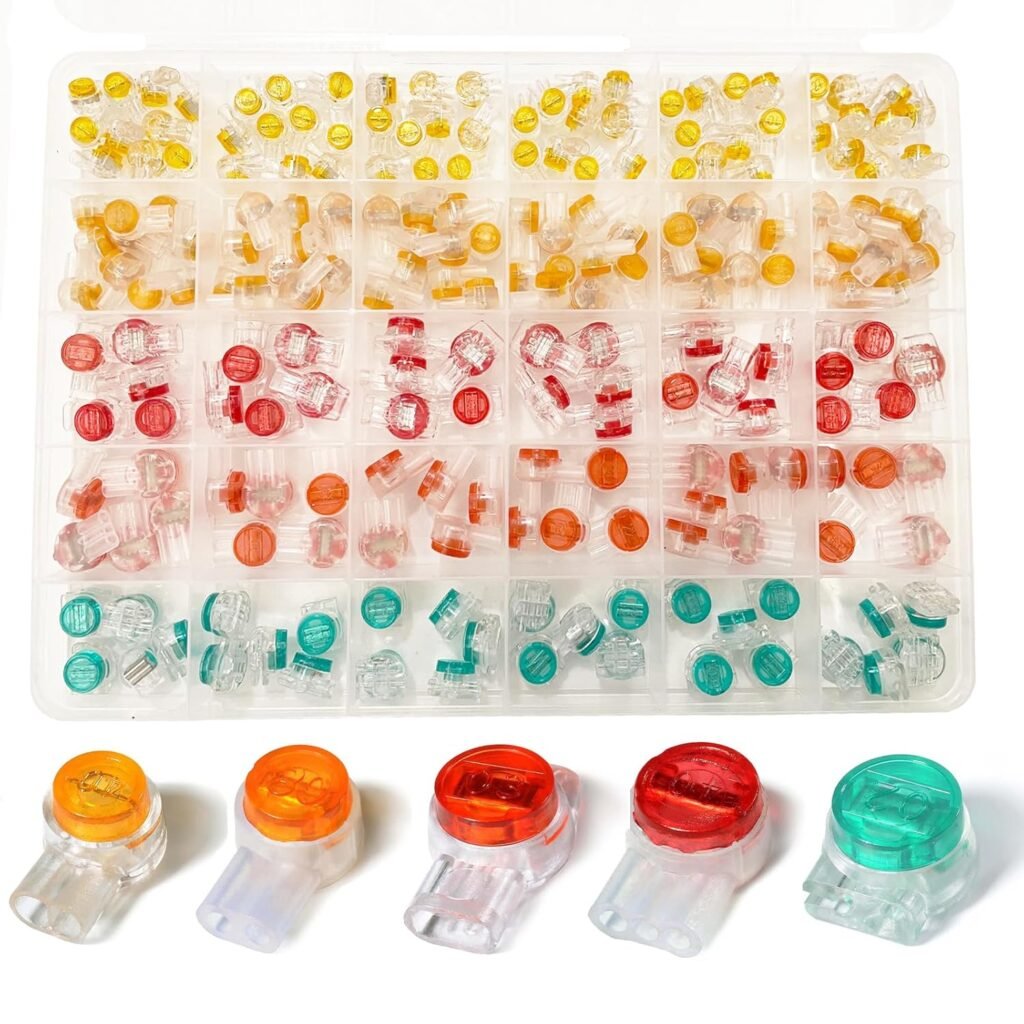 A clear plastic organizer box filled with various sizes and colors of push-in style Network Connectors