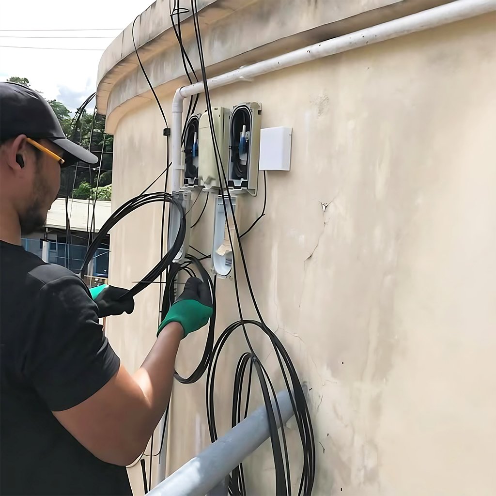 A person in a black cap and green gloves is installing FTTH Drop Cable and conduit wiring on an outdoor wall.