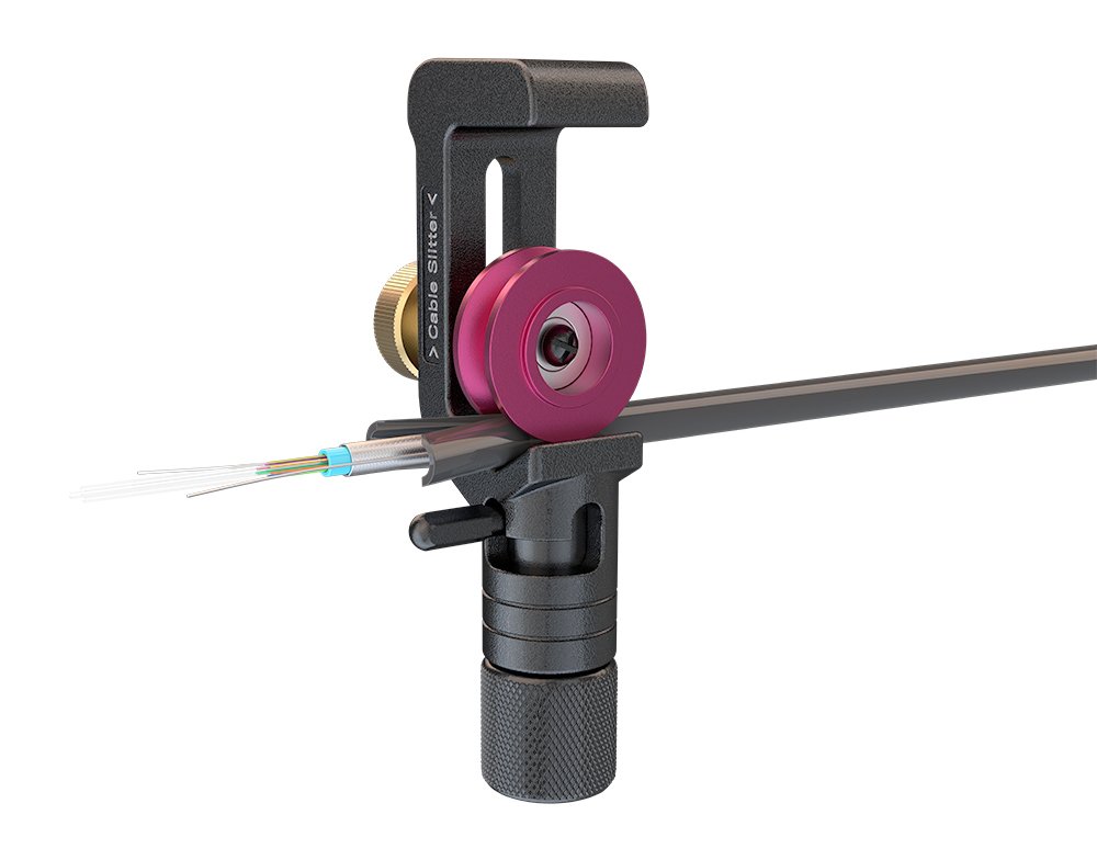 Fiber Cable Slitter in use, showing precise slitting of an armored fiber optic cable to expose the internal fibers