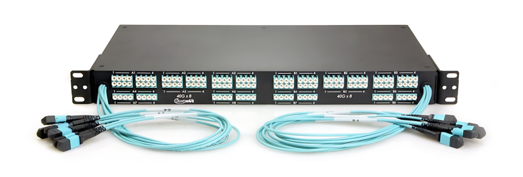 MPO/MTP ODF panel with teal fiber optic cables for high-density data center connectivity