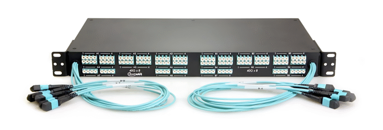 MPO/MTP ODF panel with teal fiber optic cables for high-density data center connectivity