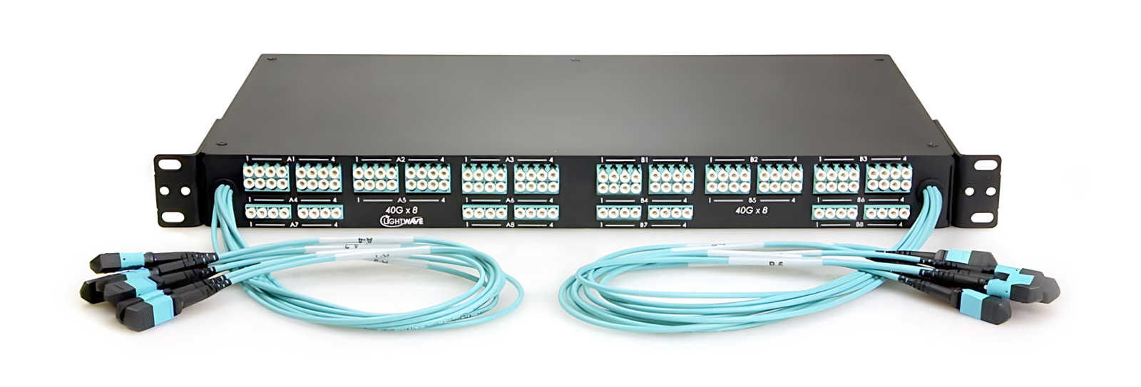 MPO/MTP ODF panel with teal fiber optic cables for high-density data center connectivity