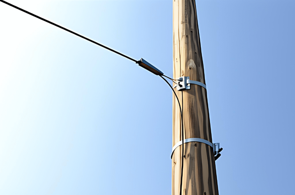 A Drop Wire Clamp secures a black fiber optic cable to a building's exterior