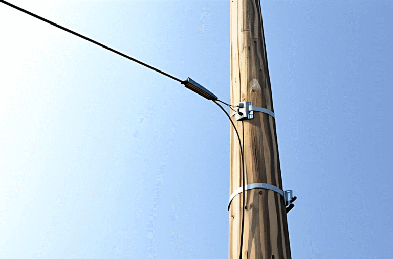 A Drop Wire Clamp secures a black fiber optic cable to a building's exterior