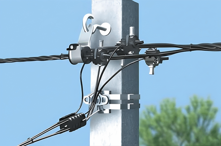 an anchoring clamp and other hardware securing a bundle of aerial cables to a utility pole