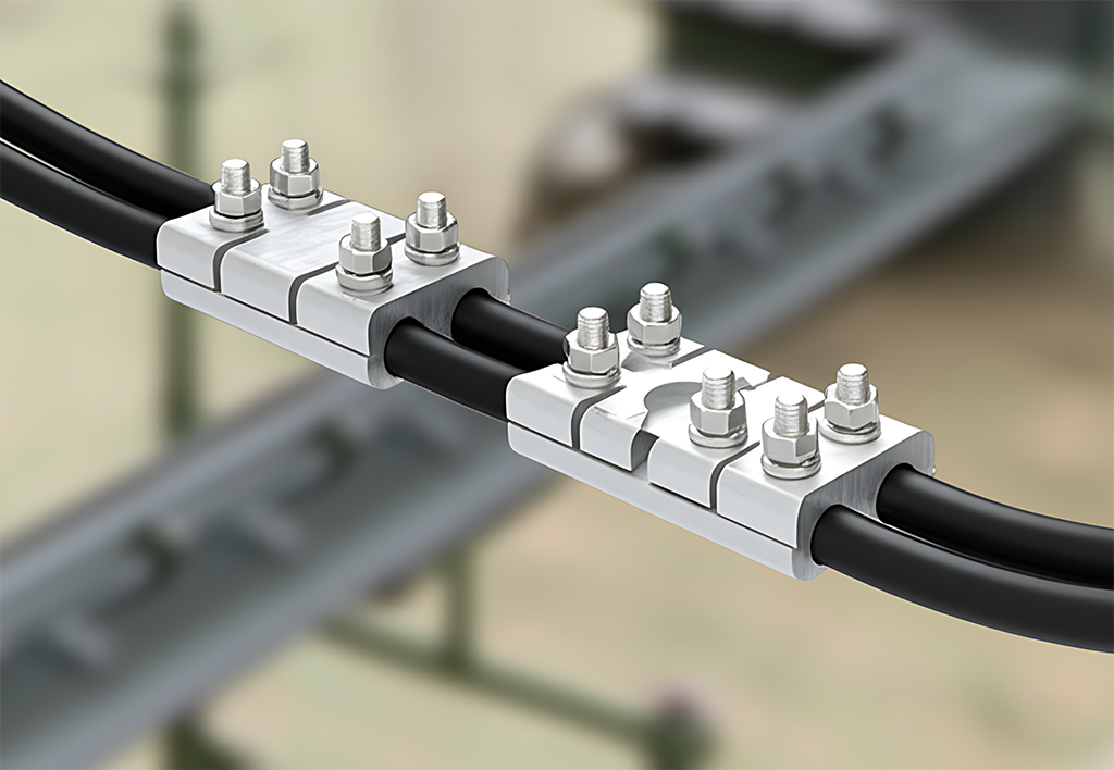 two aluminum Parallel Groove Connectors clamping two black electrical cables together