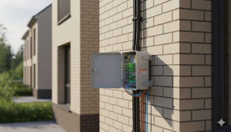 A gray, open fiber optic distribution box is mounted on a brick wall, with colorful cables visible inside