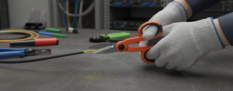 A pair of orange-handled Optical Fiber Scissors is being used to cut a black fiber optic cable