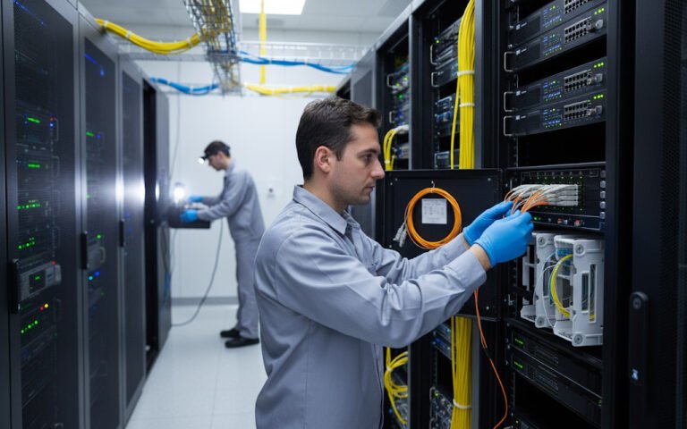 An IT professional connects a Fiber Optic Pigtail in a server room