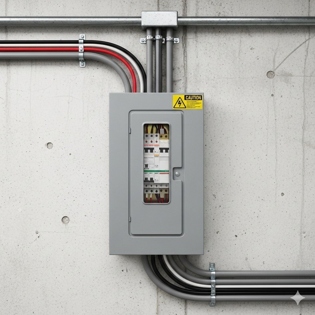 Electrical Distribution Box installed on a concrete wall with exposed conduit and wiring