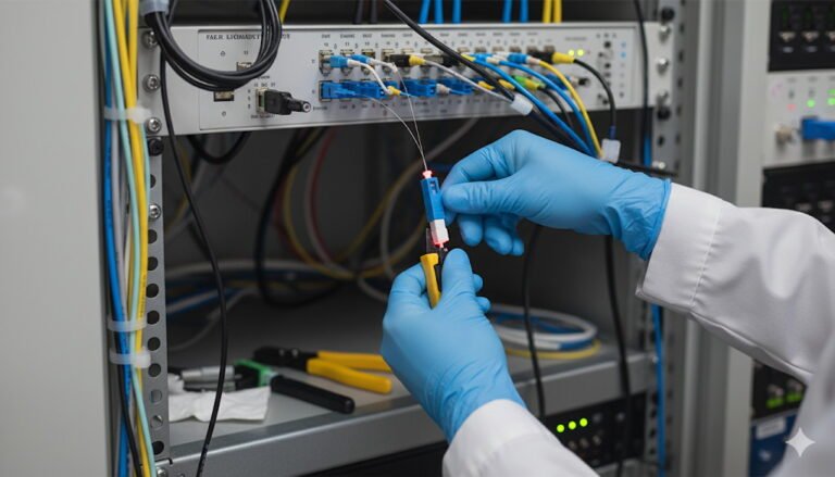 Hands in blue gloves working with a Fiber Optic Fast Connector in a server rack