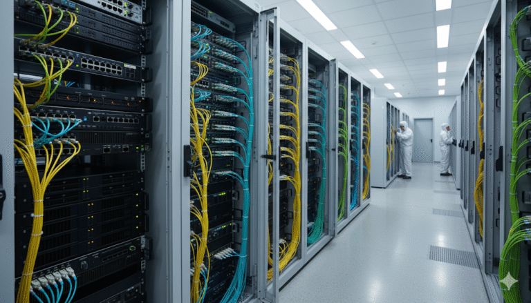 Server room with high-density cabling, focusing on the yellow and aqua Fiber Patch Cord running between multiple network devices and racks