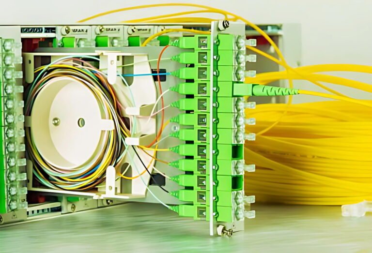 a PLC Splitter application with yellow fiber cables and green connectors