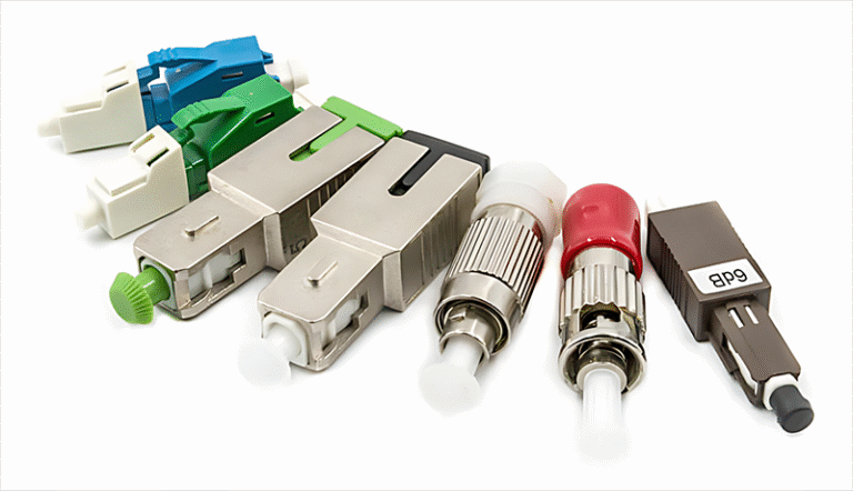 a variety of fiber optic attenuator in a fan-like arrangement on a white background