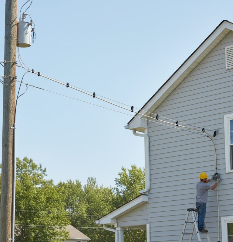 A construction worker installing a GJYXBCH Drop Cable from a utility pole to the side of a suburban house.