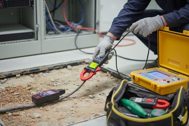 A professional technician in gloves using a clamp-on electric cable tester to measure a large buried cable