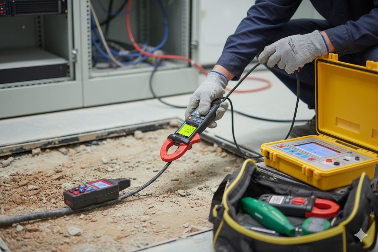 A professional technician in gloves using a clamp-on electric cable tester to measure a large buried cable