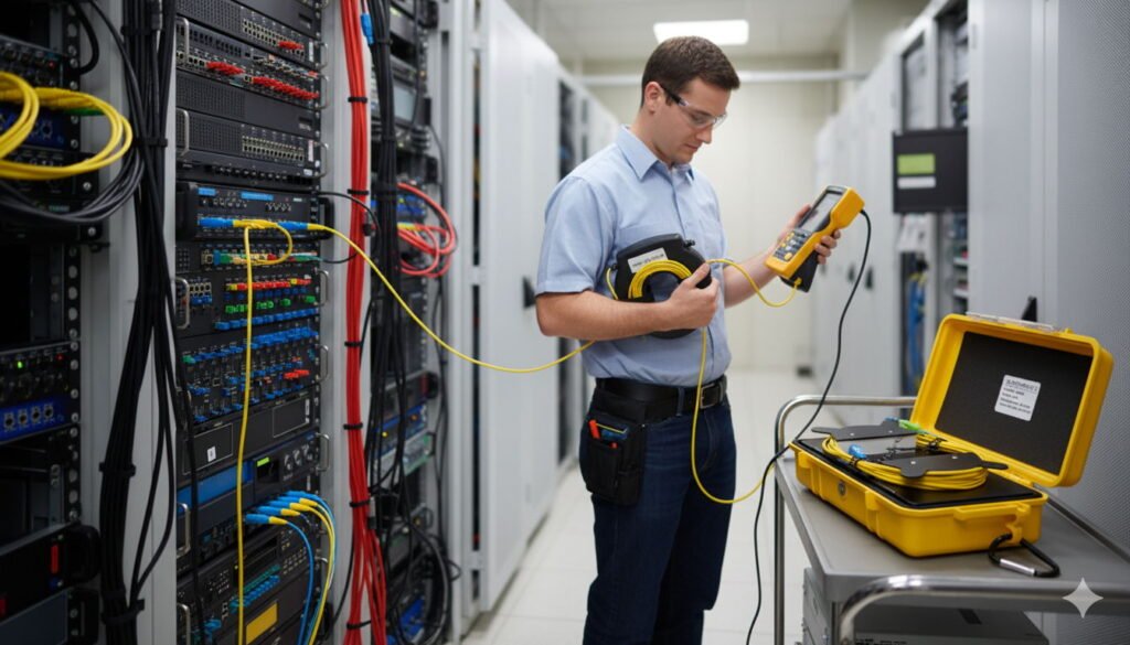 A technician uses an OTDR and an Optical Launch Cable to test fiber optic connections in a server room.