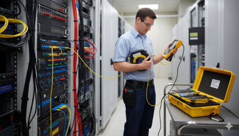 A technician uses an OTDR and an Optical Launch Cable to test fiber optic connections in a server room.