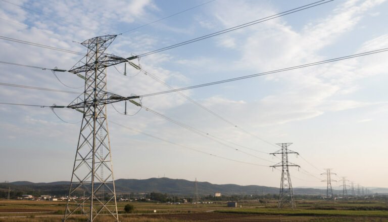 AAAC Bare Conductor in use, strung across power transmission towers in a rural landscape.