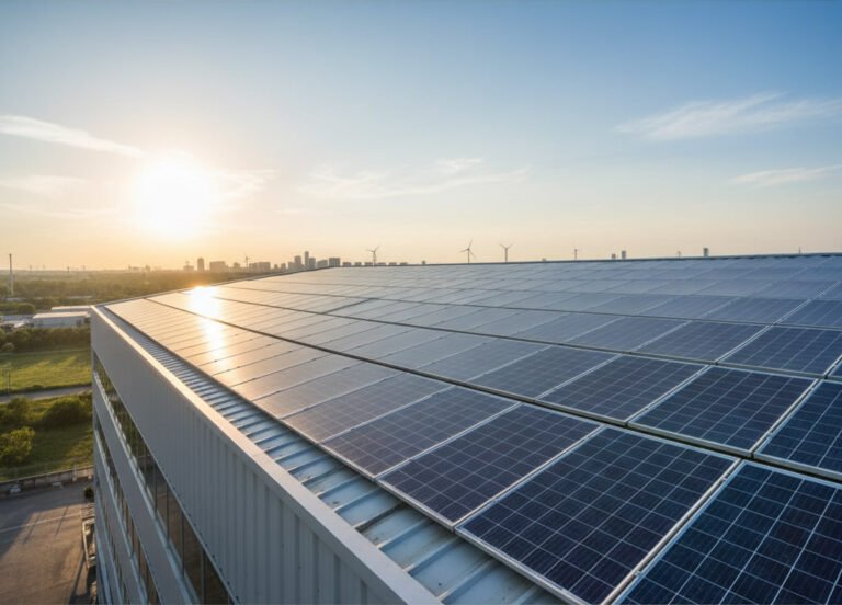 Polycrystalline Solar Panels installed on the flat roof of a large commercial building at sunset