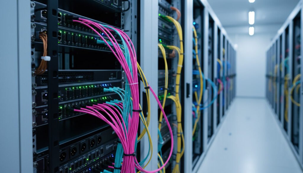Server racks in a high-density data center, showing numerous colorful MPO/MTP Patch Cord cable connected to switches for high-speed data transmission