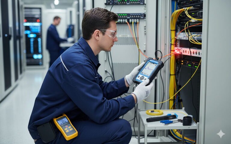 Technician using an Optical Fiber Tester (OTDR) to diagnose a fiber optic network connection in a data center.