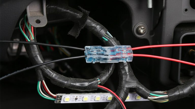 101E Inline Connector connecting wires for an LED strip in an automotive or under-dash application.