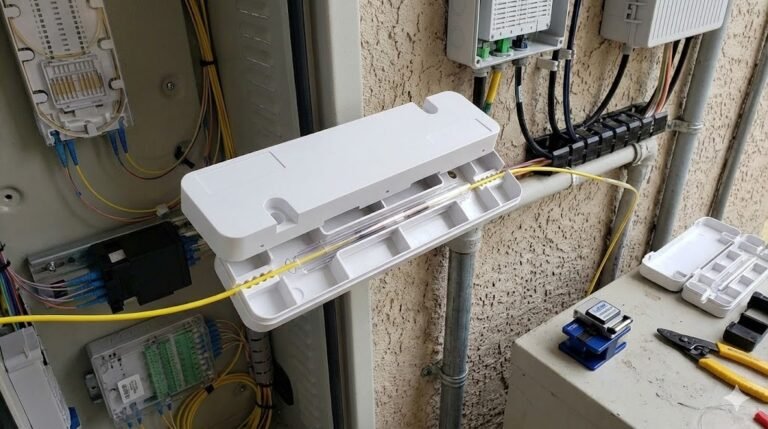 A 1x1 Splice Box in an application setting with fiber optic cables