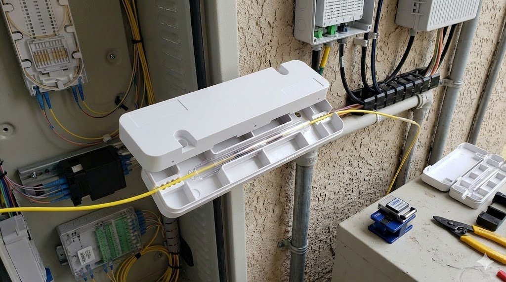 A 1x1 Splice Box in an application setting with fiber optic cables