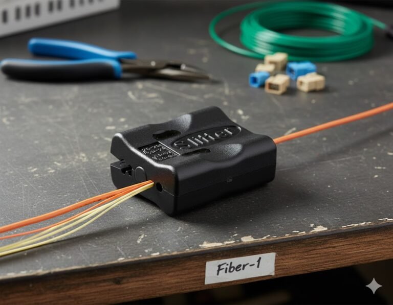 A black Fiber Optic Longitudinal Slitter tool is shown on a workbench, with orange fiber optic cables threaded through it