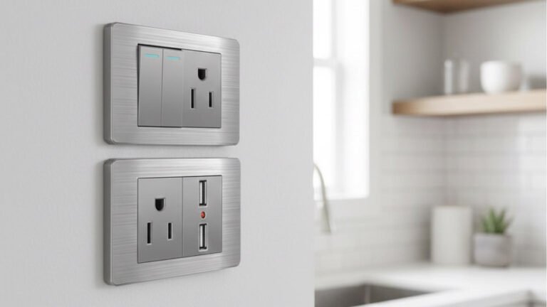 modern brushed metal American Switch and Socket combination unit, featuring two light switches and two electrical outlets, one of which includes integrated USB charging ports in a kitchen setting