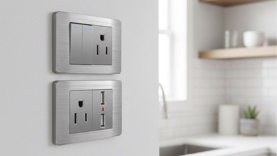 modern brushed metal American Switch and Socket combination unit, featuring two light switches and two electrical outlets, one of which includes integrated USB charging ports in a kitchen setting