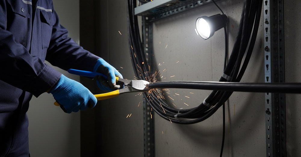 Electrician using a manual Power Cable Cutter to cut a large insulated electrical cable