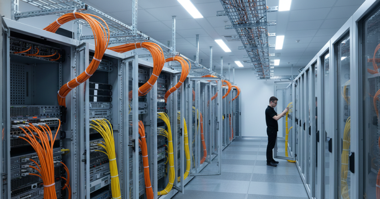 High-density GJDFJV Fiber Optic Cable professionally organized in a data center server rack for reliable indoor network distribution