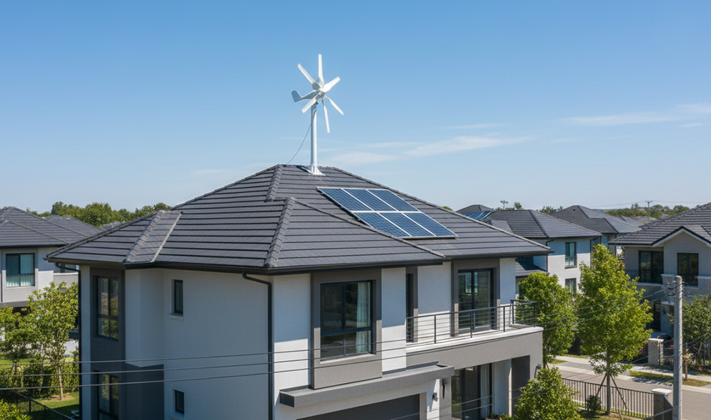 Horizontal Wind Turbine in a scenic coastal landscape under a clear blue sky