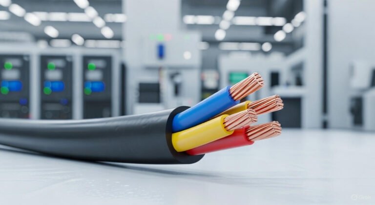 a stripped, multi-core N2XY Cable in an industrial setting, showing the bright copper conductors, XLPE insulation (blue, yellow, red), and the black PVC outer sheath